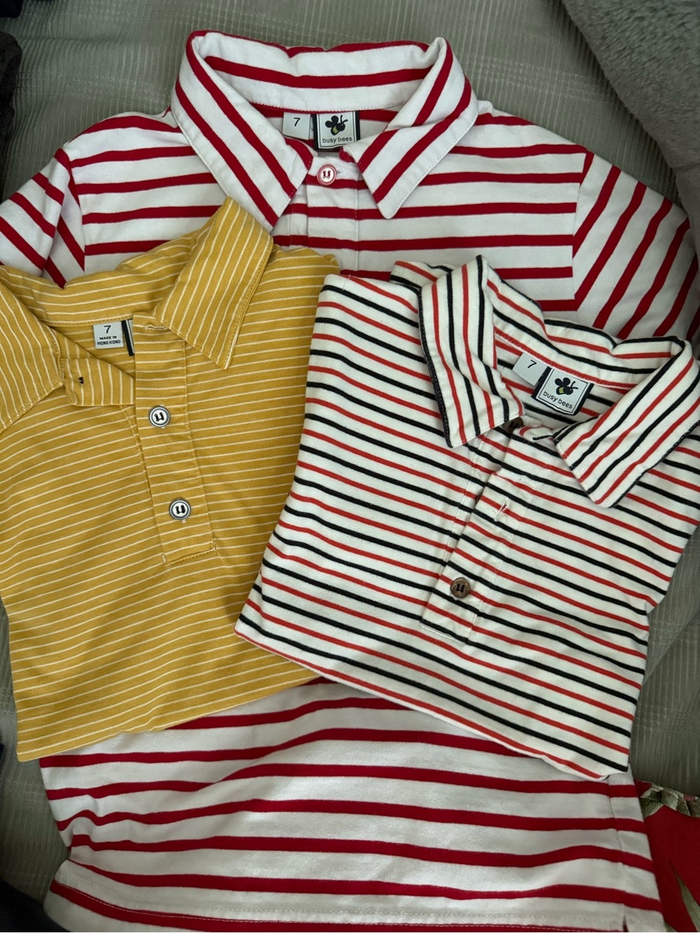 Busy Bees Kids Striped Polo Shirts - Red/White and Mustard Options